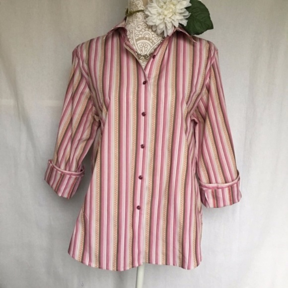 Foxcroft Tops - Foxcroft / Pink Vertical Stripe Wrinkle Free Shirt